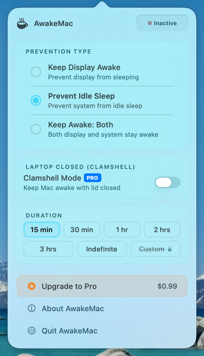 AwakeMac popover — real screenshot of the menu bar app